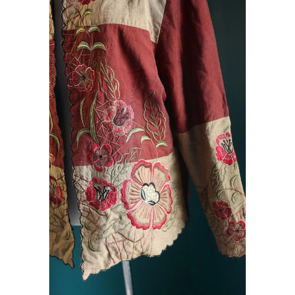 Vintage Liz Baker Metallic Floral Embroidered Lightweight Open Blazer Artsy L